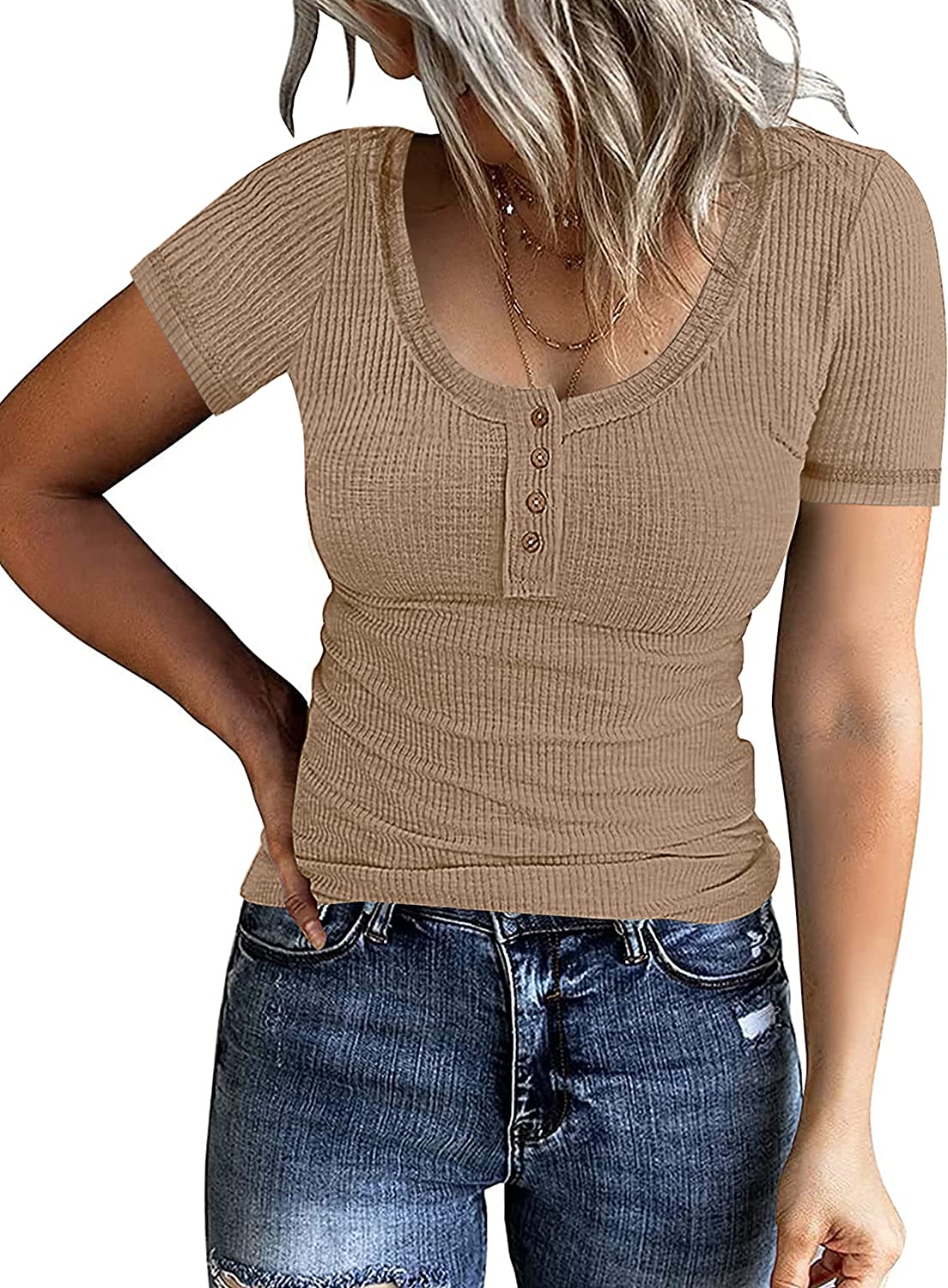 230816053105679_1 PIIRESO Women's Short Sleeve Button Scoop Neck Ribbed Shirts Summer Casual Solid Color Henley Top - Image 1